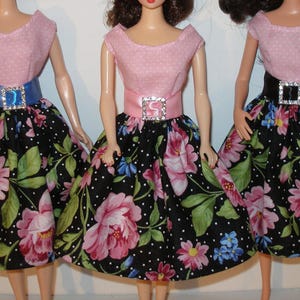 Handmade 11.5&quot; fashion doll clothes - Black and Pink Floral Print Dress - choice of blue, pink or black belt