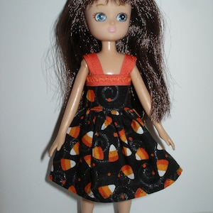 Handmade 7&quot; doll clothes for Lottie or Tutti- black and orange candy corn print dress