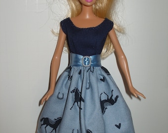 Handmade 11.5" fashion doll clothes - Navy Bodice w Print Skirt Dress w/Gray and Navy Horse Print Skirt