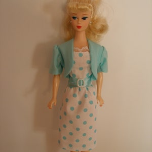 Homemade 11.5" fashion doll clothes - white and aqua polka dot sheath with aqua jacket