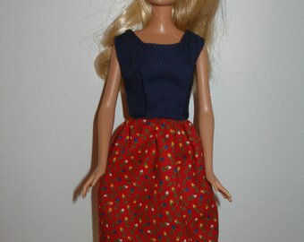 Handmade 11.5 fashin doll clothes - red and navy floral print dress