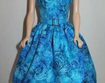 Handmade 11.5" fashion doll clothes - Shades of Turquoise Blue Floral Print Cotton Dress