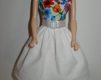 Handmade 11.5" fashion doll clothes - bright floral bodice w/white skirt dress