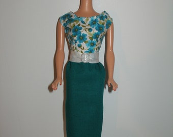 Handmade 11.5" fashion doll clothes - Teal Floral Bodice  Sheath