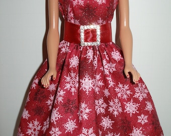 Handmade 11.5" fashion doll - Glittery Red, White or Blue Snowflake Print Dress w/Rhinesstone Buckle
