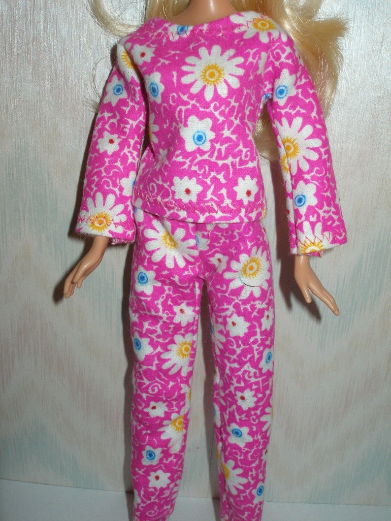 Handmade Barbie doll clothes pink flannel pajamas image 2