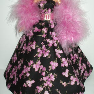 Handmade 11.5&quot; fashion doll clothes - black and pink floral print with touches of gold cotton gown w/boa