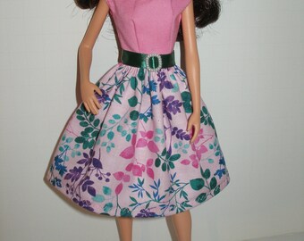 Handmade 11.5" fashion doll clothes - Pink, Purple and Green Branches Print Skirt Dress