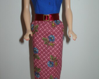 Handmade 11.5" fashion doll clothes - Blue Bodice/Maroon and Blue Floral Print Skirt Sheath