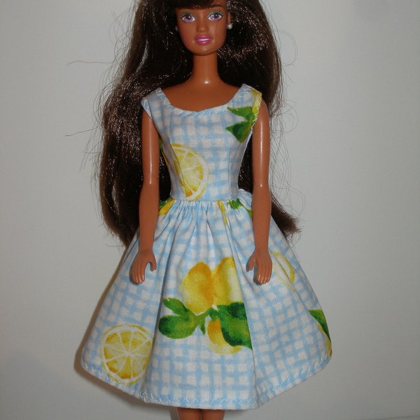 Handmade 11.5" fashion doll clothes -  blue plaid lemon  print cotton dress