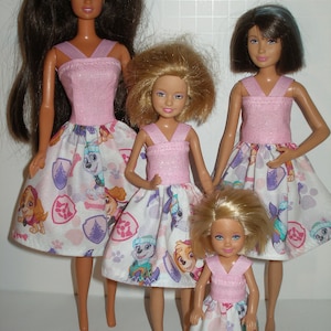 Handmade 11.5&quot; fashion doll and sisters clothes - 4 fashion doll sisters white and pink paw patrol print dresses