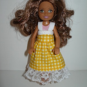 Handmade 5.5&quot; little sister fashion doll clothes - yellow gingham print dress with lace trim