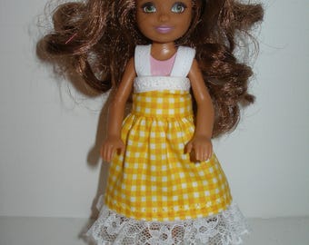 Handmade 5.5" little sister fashion doll clothes - yellow gingham print dress with lace trim