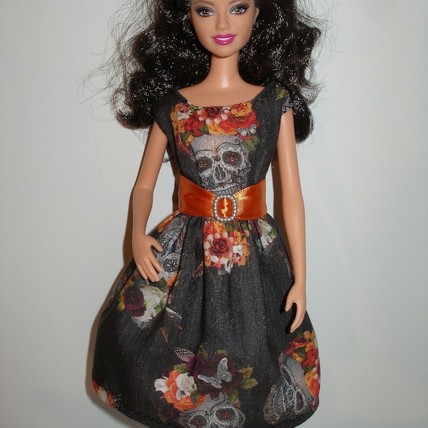 Handmade 11.5" fashion doll clothes - Black Day of the Dead Floral Skull Print Dress