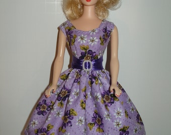 Handmade 11.5" fashion doll clothes - Purple Floral Print Dress with Wide Satin Ribbon Belt