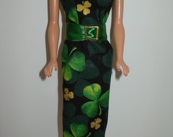 Handmade 11.5" fashion doll clothes - Black w/Green and Glittery Gold Shamrocks Print Sheath