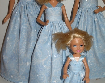 Handmade fashion doll clothes - 4 fashion doll sisters set blue glittery gowns