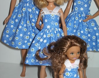 Handmade 11.5" fashion doll and sisters clothes - 4 fashion doll sisters blue and white floral dresses