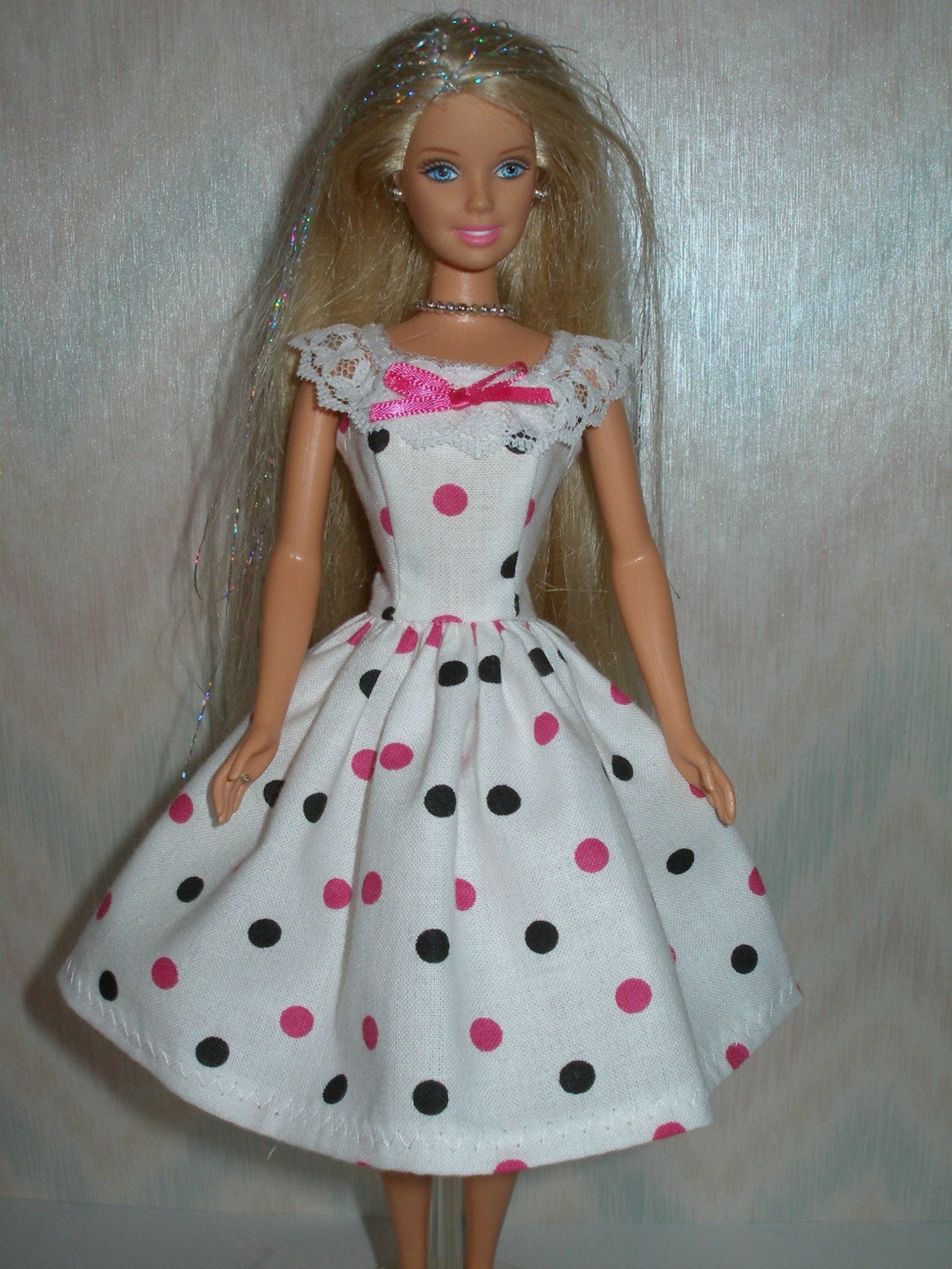 Handmade Barbie clothes white dress with pink and black dots | Etsy