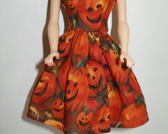 Halloween handmade  11.5" fashion doll dress - jack-o-lantern print