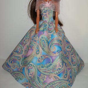 Handmade 11.5&quot; fashion doll clothes - blue, purple, pink and gold paisley print gown with pink ribbon shoulder wrap trim
