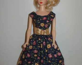 Handmade 11.5" fashion doll clothes - Navy Floral Print Dress with Wide Gold Satin Ribbon Belt