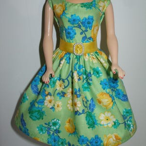 Handmade 11.5&quot; fashion doll clothes - green, blue and yellow floral print cotton dress