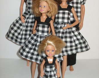Handmade 11.5" fashion doll clothes - 4 sisters black and white plaid dress set