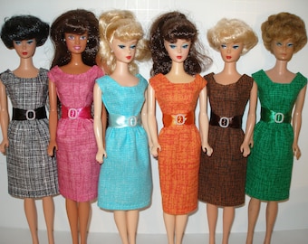 Handmade 11.5" Fashion doll clothes - Your choice - orange, teal or pink crosshatch print cotton sheath dress w/belt