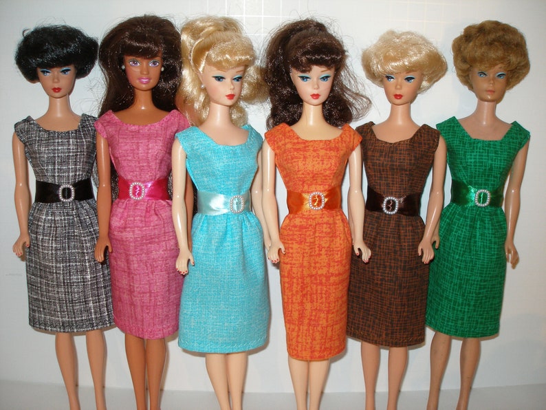 Handmade 11.5 Fashion doll clothes Your choice orange, teal or pink crosshatch print cotton sheath dress w/belt 画像 1