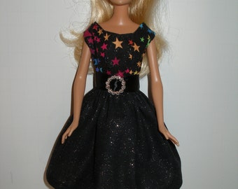 Handmade 11.5" fashion doll clothes -   Glittery Black and Multi Colored Stars Print Bodice/Glittery Black Skirt Dress