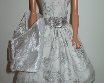 Handmade 11.5 " Fashion doll clothes - White and Glittery Silver Snowflakes Cotton Dress w/soft white wrap