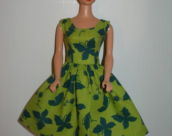 Handmade 11.5" fashion doll clothes -   apple green and teal butterfly print cotton dress
