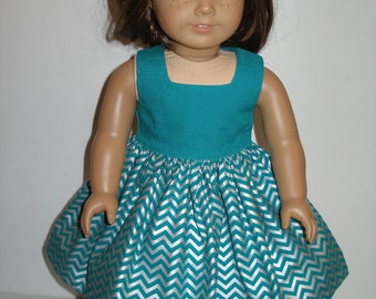 Handmade dress for 18 inch dolls fits like American Girl doll clothes  - Teal and Silver Chevron print dress with silver bow shoes