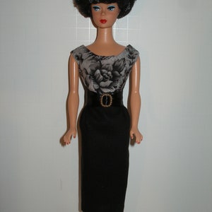 Handmade 11.5" fashion doll clothes -OOAK - Gray and Black Floral Print Bodice/Black Skirt Sheath