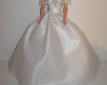 Handmade 11.5" fashion doll clothes - Shimmery Cotton Foil Gown with Ribbon Shoulder Wrap  w/Veil and Bouquet