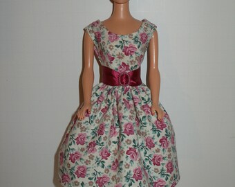 Handmade 11.5" fashion doll clothes -  Cream and Dusty Pink Roses Print Dress with Wide Maroon Satin Ribbon Belt