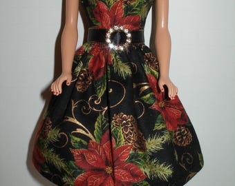 Handmade 11.5" fashion doll clothes - Black, Gold, Green and Red Poinsettia Print Dress