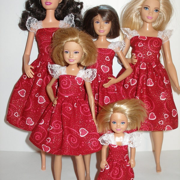 Handmade 11.5" fashion doll clothes and little sister dresses-  glittery red valentine harts print cotton dress