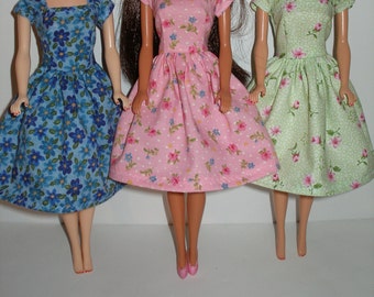 Homemade 11.5" fashion doll clothes - floral vintage style full skirt print dress -- Your choice of color