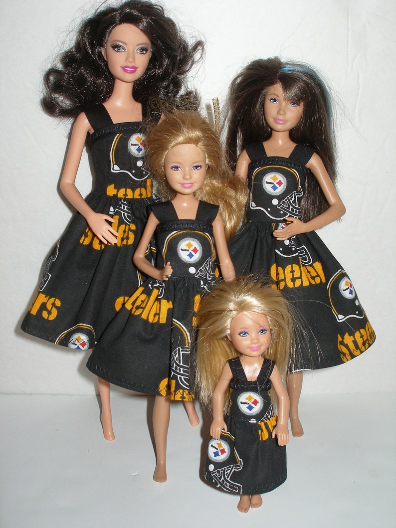 Handmade 11.5 fashion doll clothes and little sister sizes Black and gold steelers dress image 2