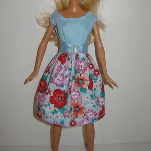 Handmade 11.5&quot; fashion doll clothes  - Blue Bodice/Blue and Pink Floral Skirt Dress