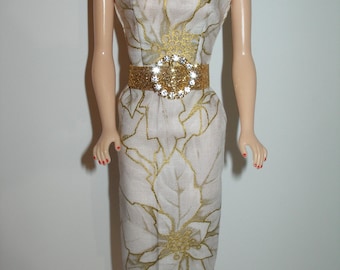 Handmade 11.5" fashion doll clothes - White and Gold Poinsettia Print Cotton Sheath