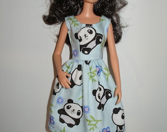 Handmade 11.5" fashion doll clothes -    blue panda bear print cotton dress