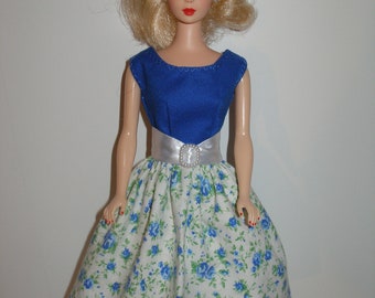 Handmade 11.5" fashion doll clothes -  White and Blue Roses Print Dress