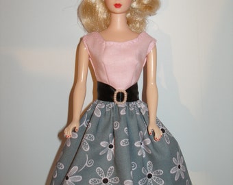 Handmade 11.5" fashion doll clothes -  gray, black and pink daisy floral dress