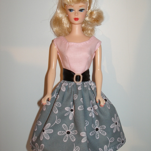 Handmade 11.5" fashion doll clothes -  gray, black and pink daisy floral dress