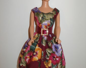 Handmade 11.5" fashion doll clothes - Maroon Pansy with touches of Gold Print Cotton Dress
