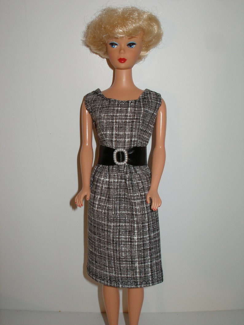 Handmade 11.5 Fashion doll clothes Your choice orange, teal or pink crosshatch print cotton sheath dress w/belt Black