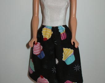 Handmade 11.5" fashion doll dress - white glittery bodice w/white glittery ribbon straps and a black cupcakes print skirt